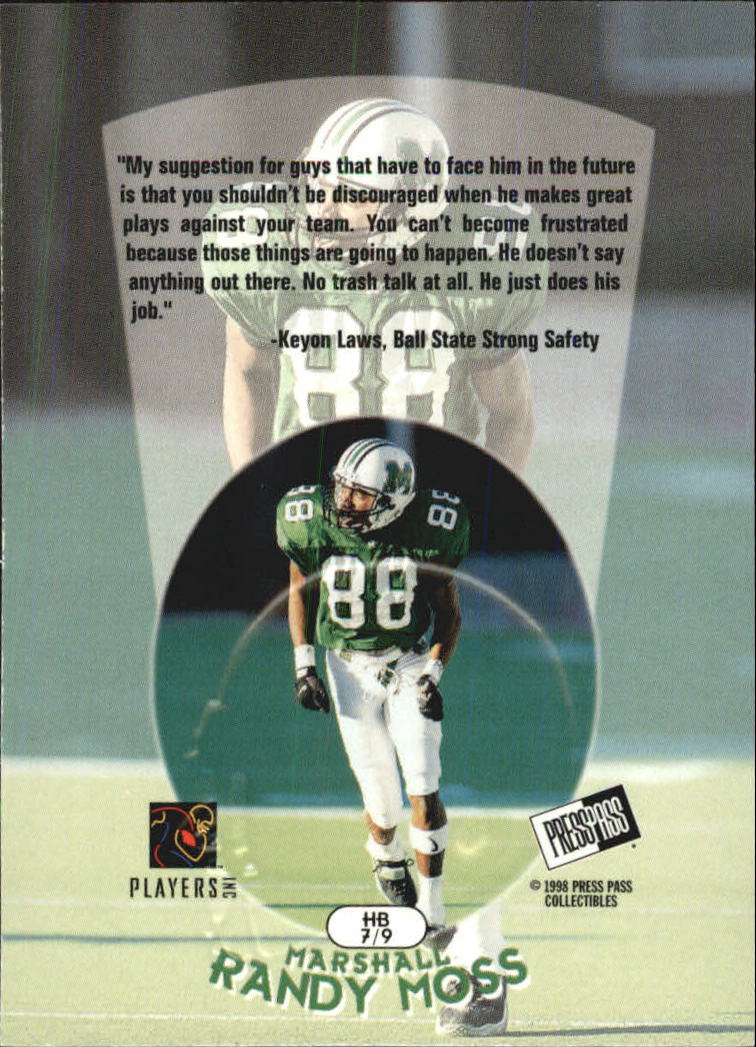 1998 Press Pass Head Butt #HB7 Randy Moss back image