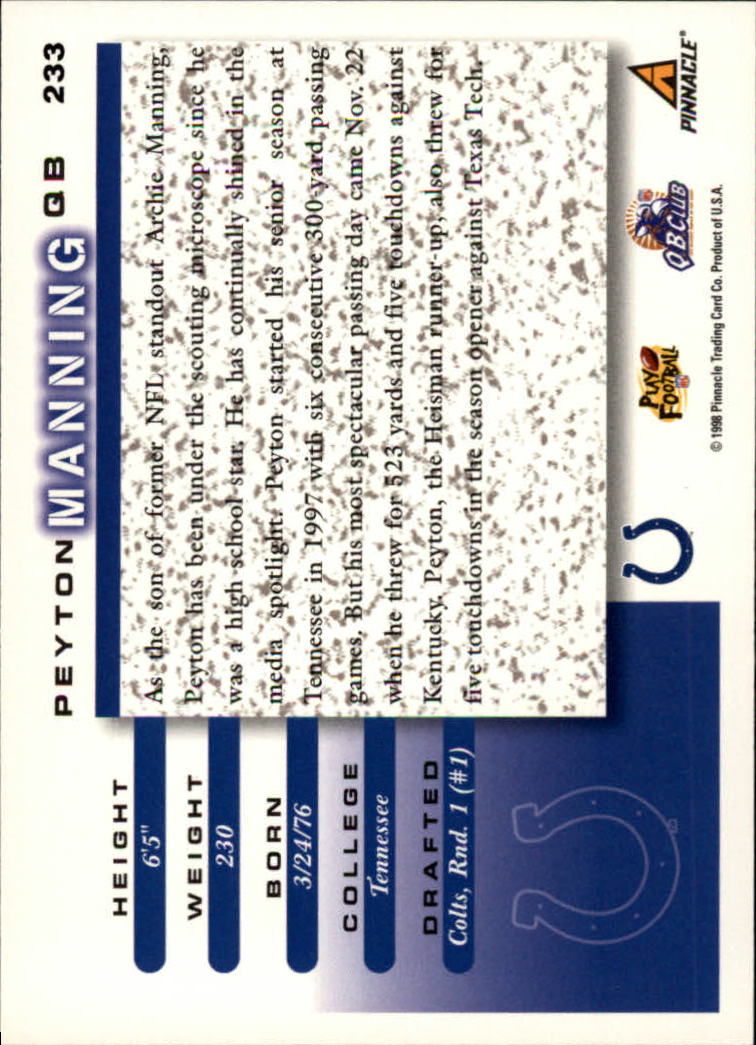 1998 Score #233 Peyton Manning RC back image