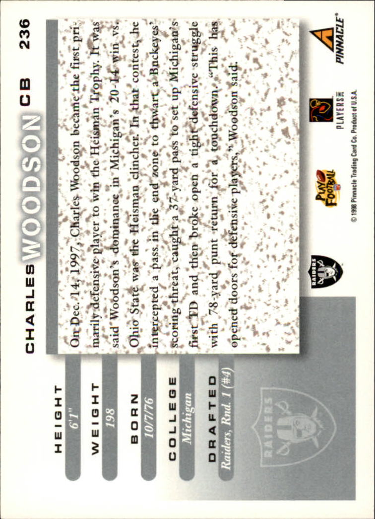 1998 Score #236 Charles Woodson RC back image