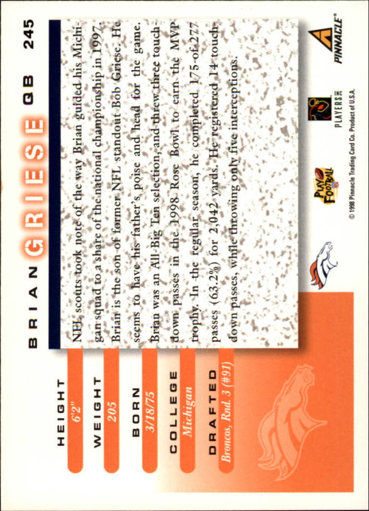 1998 Score #245 Brian Griese RC back image
