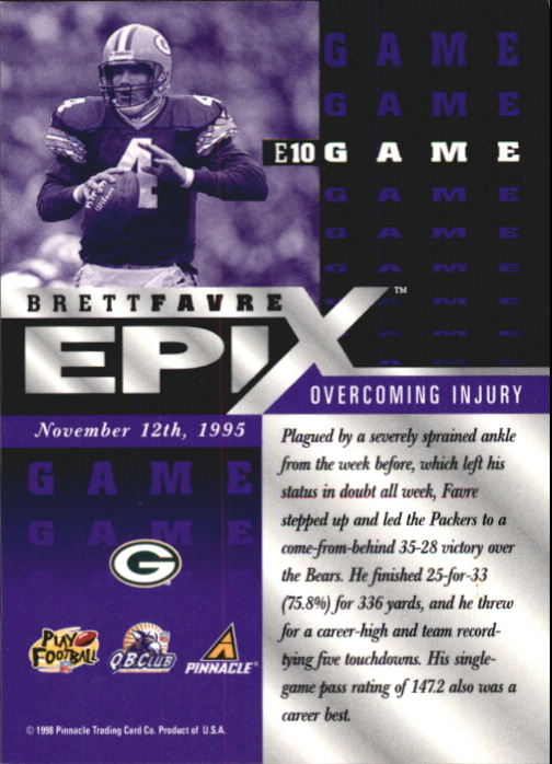 1998 Score Epix Purple #E10 B.Favre GAME back image