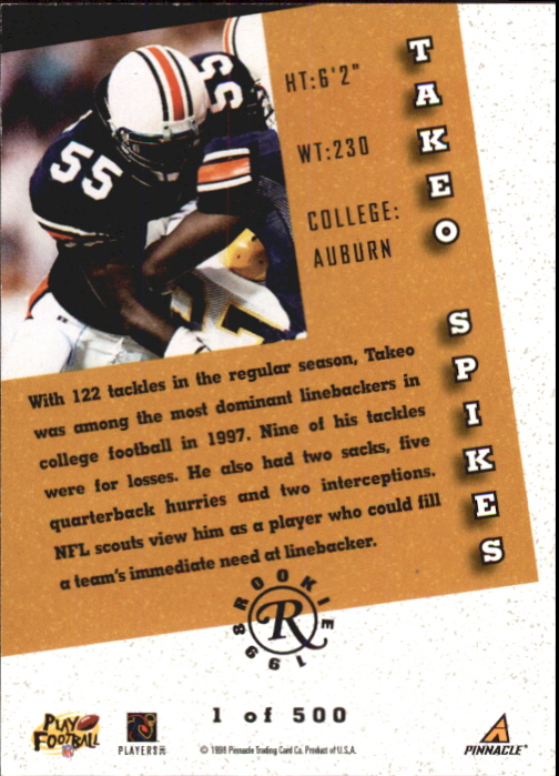 1998 Score Rookie Autographs #31 Takeo Spikes back image