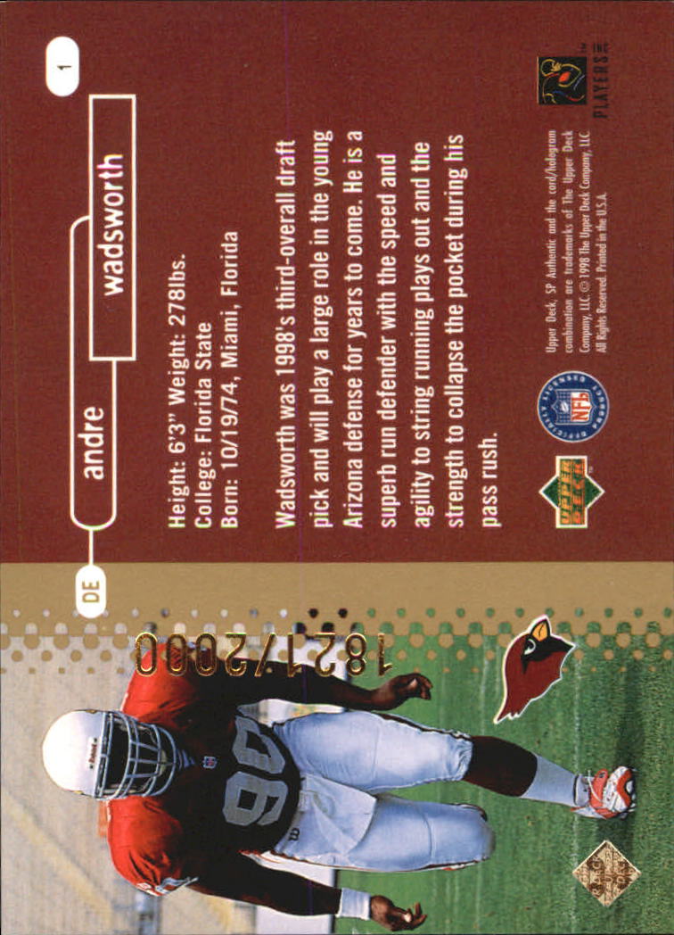 1998 SP Authentic #1 Andre Wadsworth RC back image