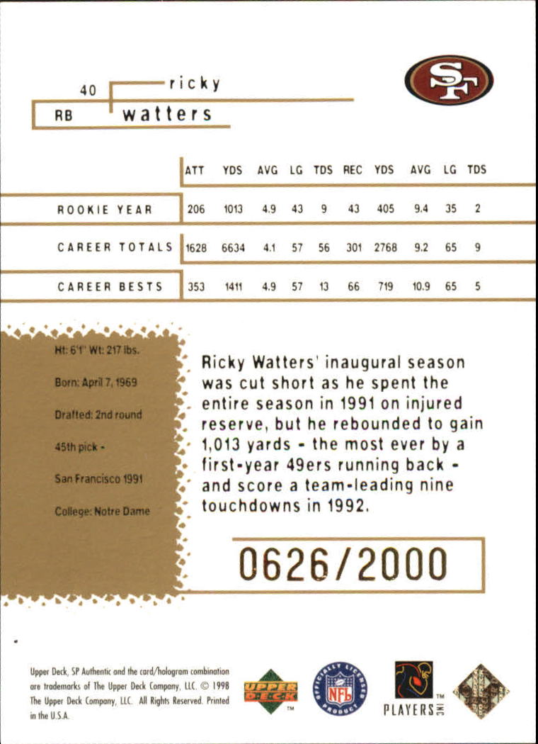 1998 SP Authentic #40 Ricky Watters TW back image