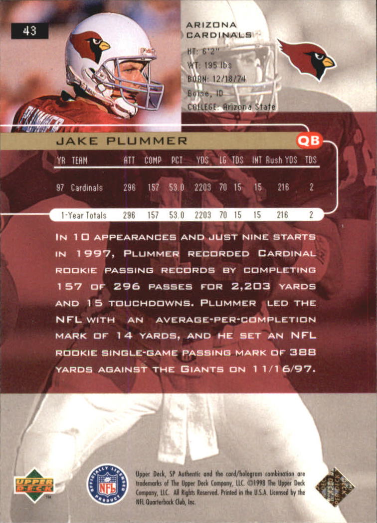 1998 SP Authentic #43 Jake Plummer back image