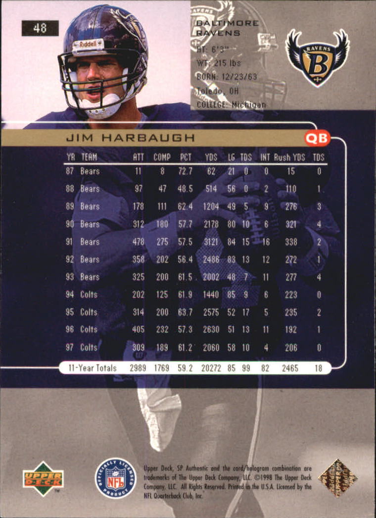 1998 SP Authentic #48 Jim Harbaugh back image