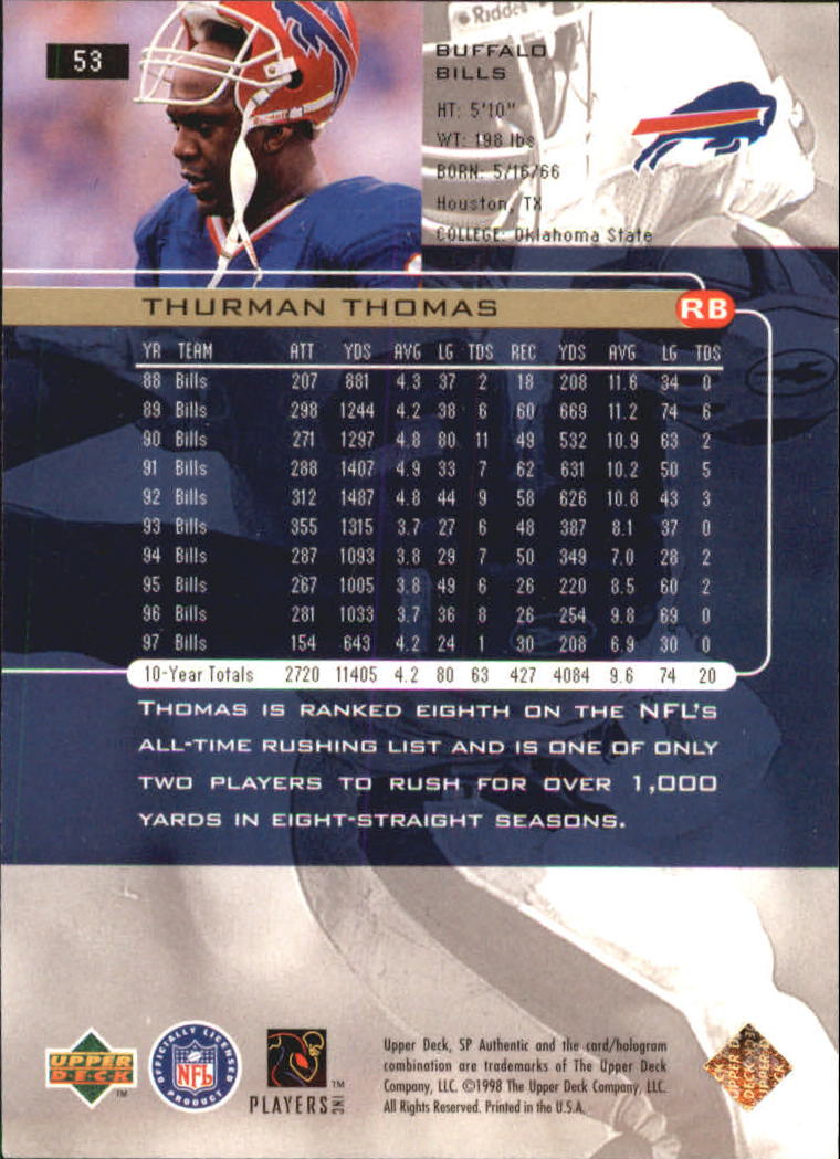 1998 SP Authentic #53 Thurman Thomas back image