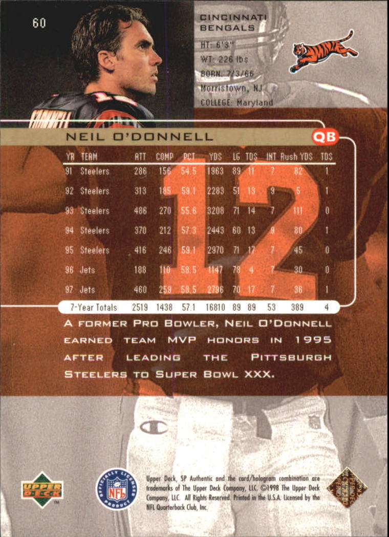 1998 SP Authentic #60 Neil O'Donnell back image