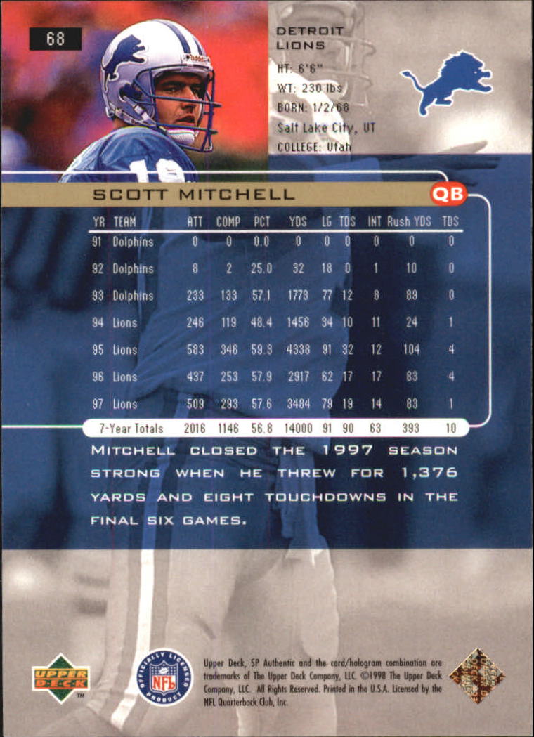 1998 SP Authentic #68 Scott Mitchell back image
