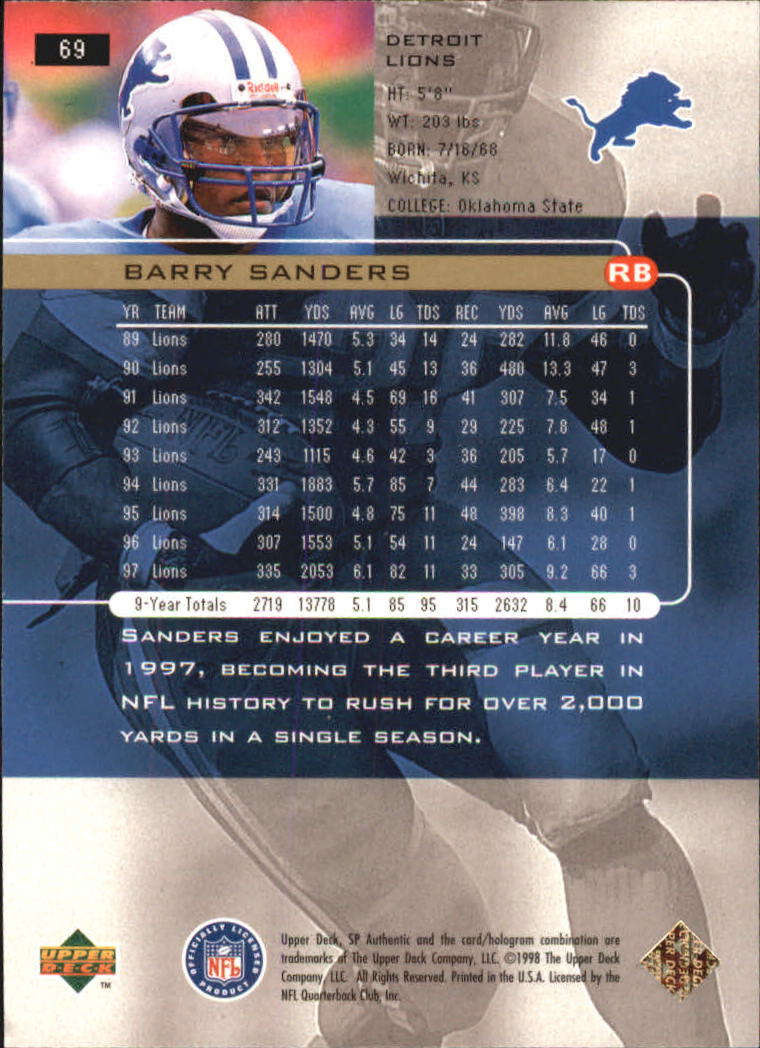1998 SP Authentic #69 Barry Sanders back image