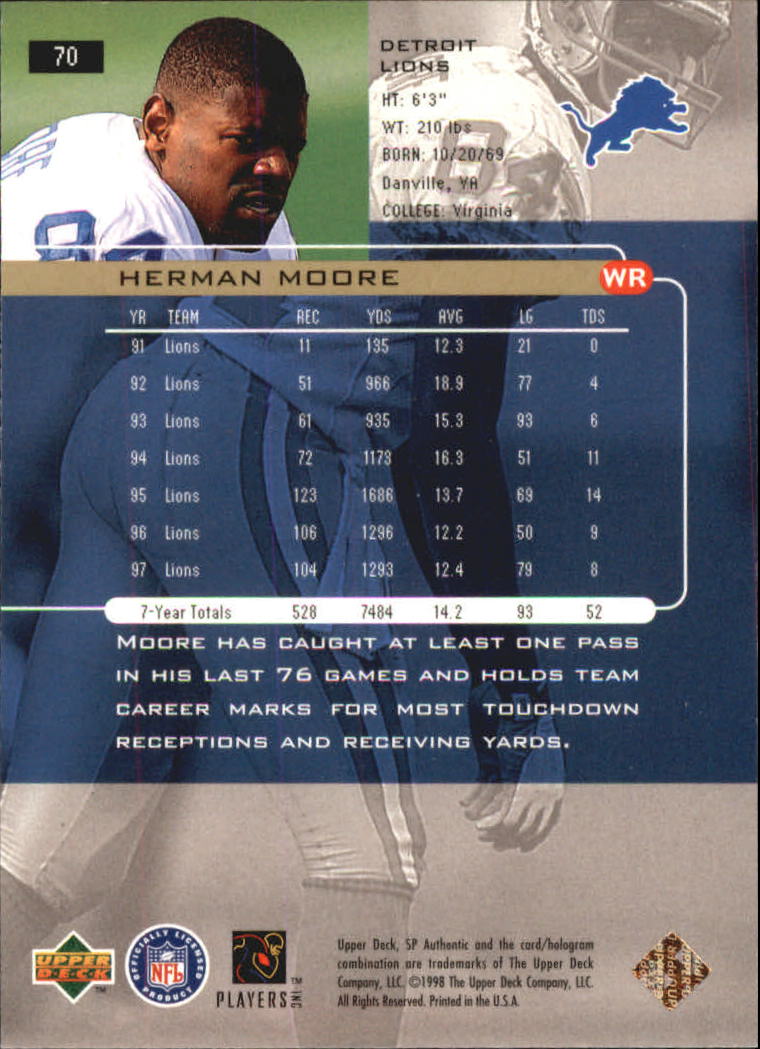 1998 SP Authentic #70 Herman Moore back image