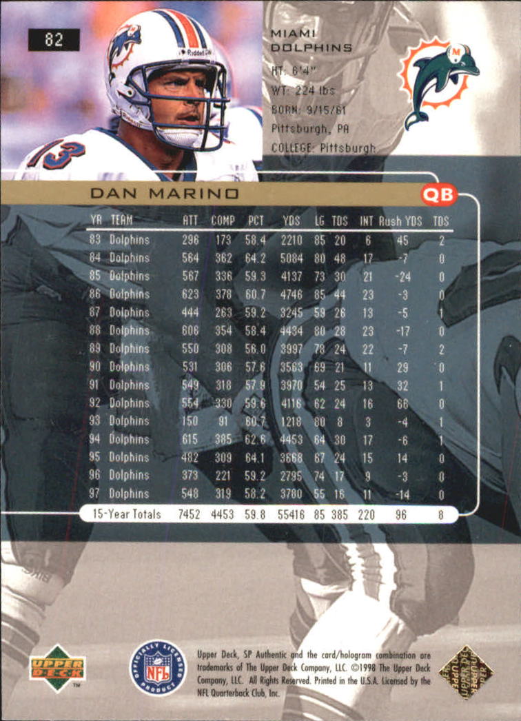 1998 SP Authentic #82 Dan Marino back image