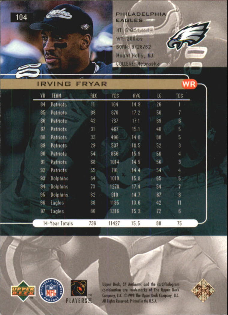 1998 SP Authentic #104 Irving Fryar back image