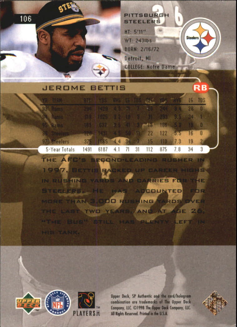 1998 SP Authentic #106 Jerome Bettis back image