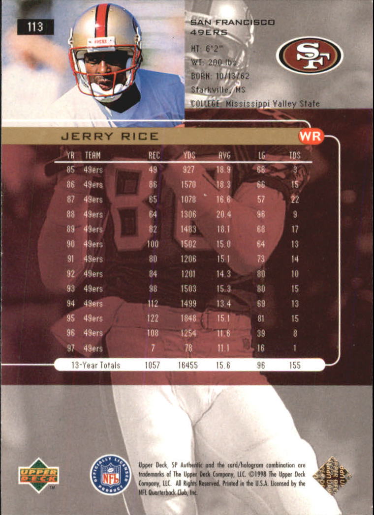 1998 SP Authentic #113 Jerry Rice back image