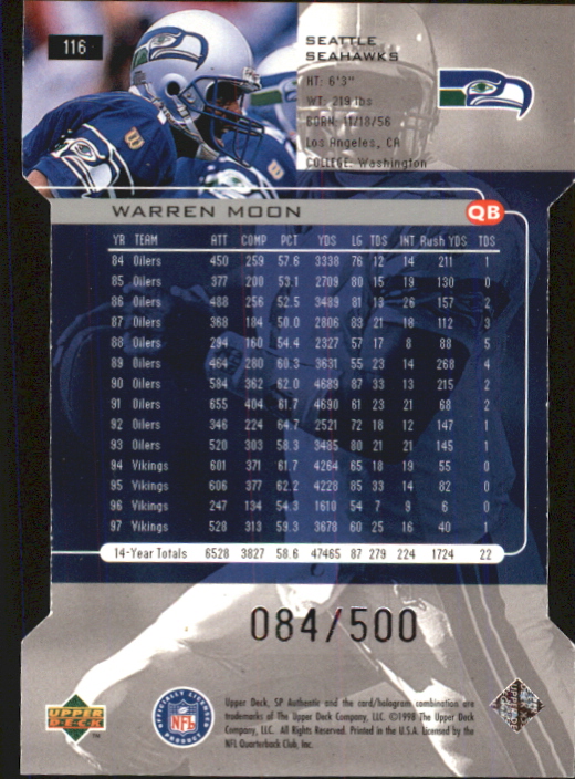 1998 SP Authentic Die Cuts #116 Warren Moon back image
