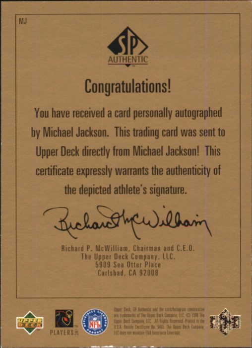 1998 SP Authentic Player's Ink Gold #MJ Michael Jackson/81 back image