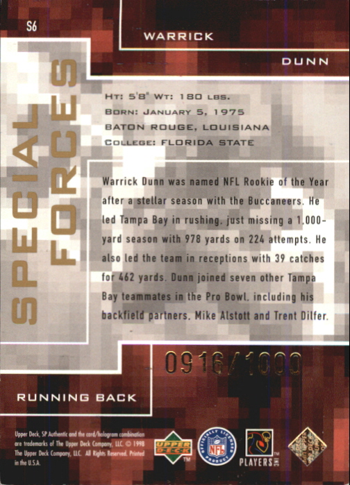 1998 SP Authentic Special Forces #S6 Warrick Dunn back image