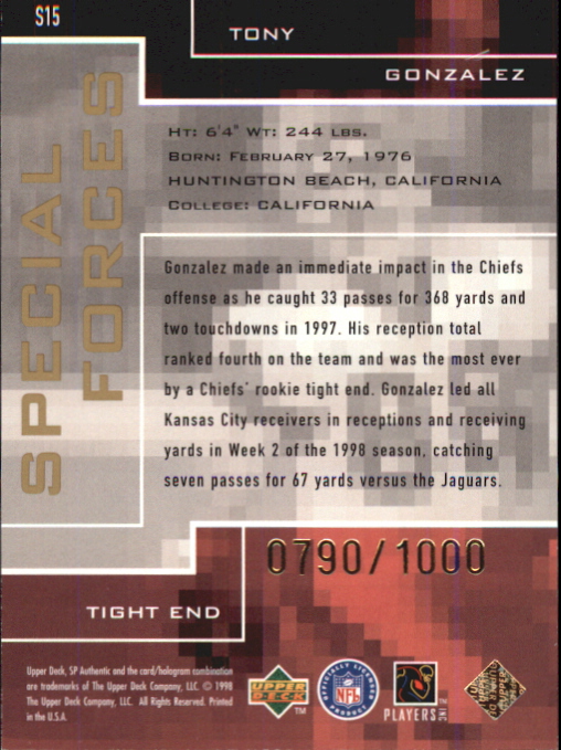1998 SP Authentic Special Forces #S15 Tony Gonzalez back image