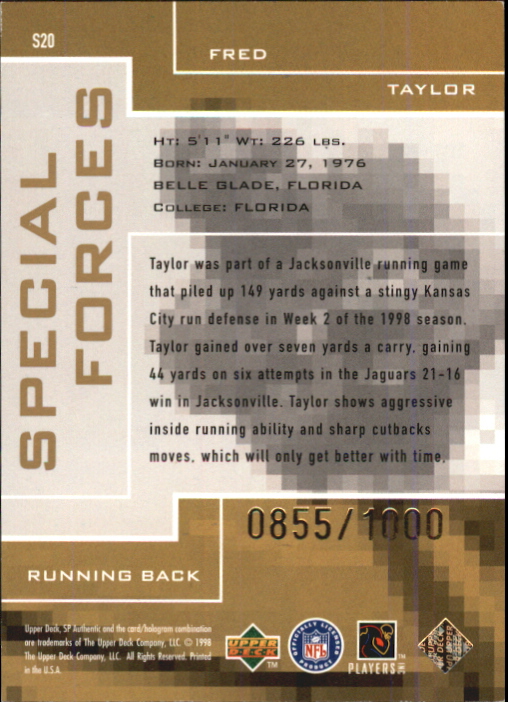 1998 SP Authentic Special Forces #S20 Fred Taylor back image