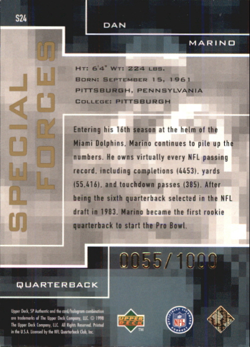 1998 SP Authentic Special Forces #S24 Dan Marino back image