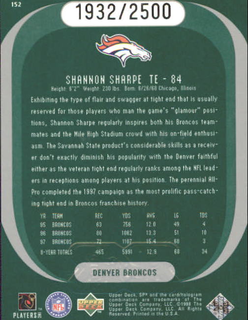1998 SPx Finite #152 Shannon Sharpe PE back image