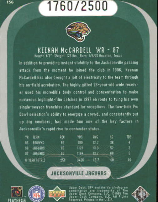 1998 SPx Finite #156 Keenan McCardell PE back image