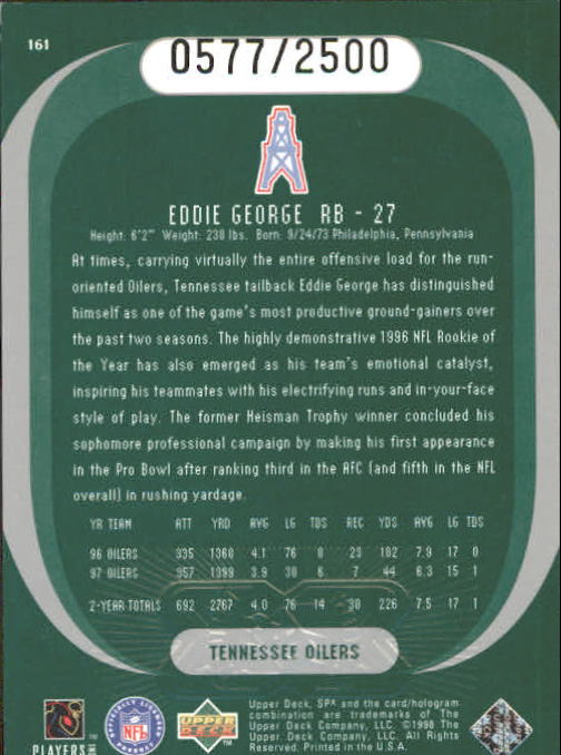 1998 SPx Finite #161 Eddie George PE back image