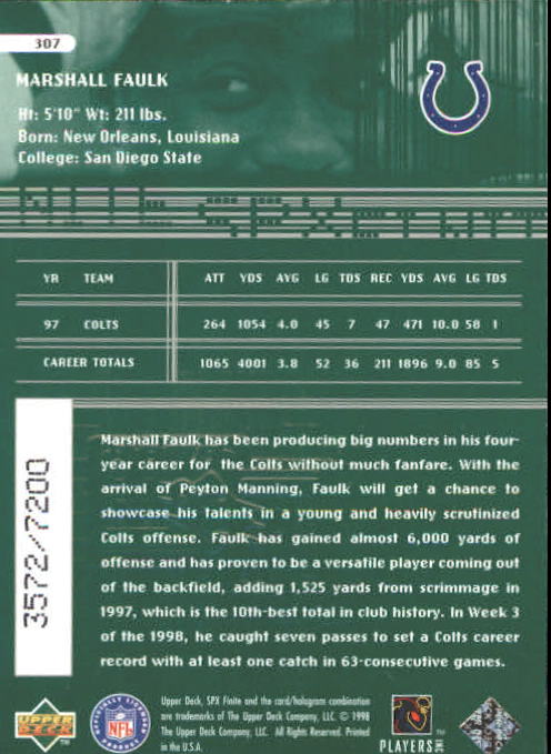 1998 SPx Finite #307 Marshall Faulk ET back image
