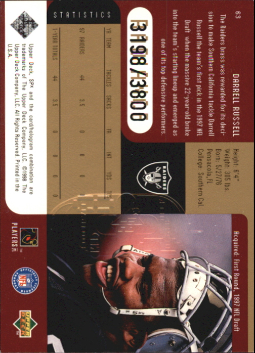 1998 SPx Finite Radiance #63 Darrell Russell back image