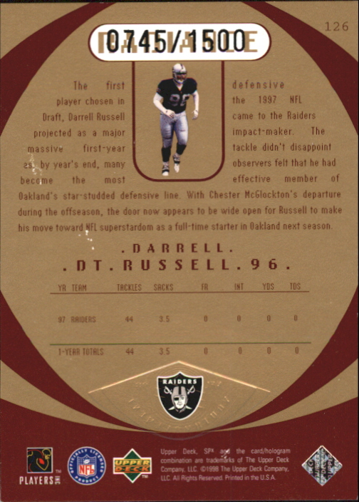 1998 SPx Finite Radiance #126 Darrell Russell YM back image