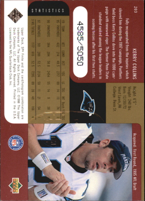 1998 SPx Finite Radiance #203 Kerry Collins back image