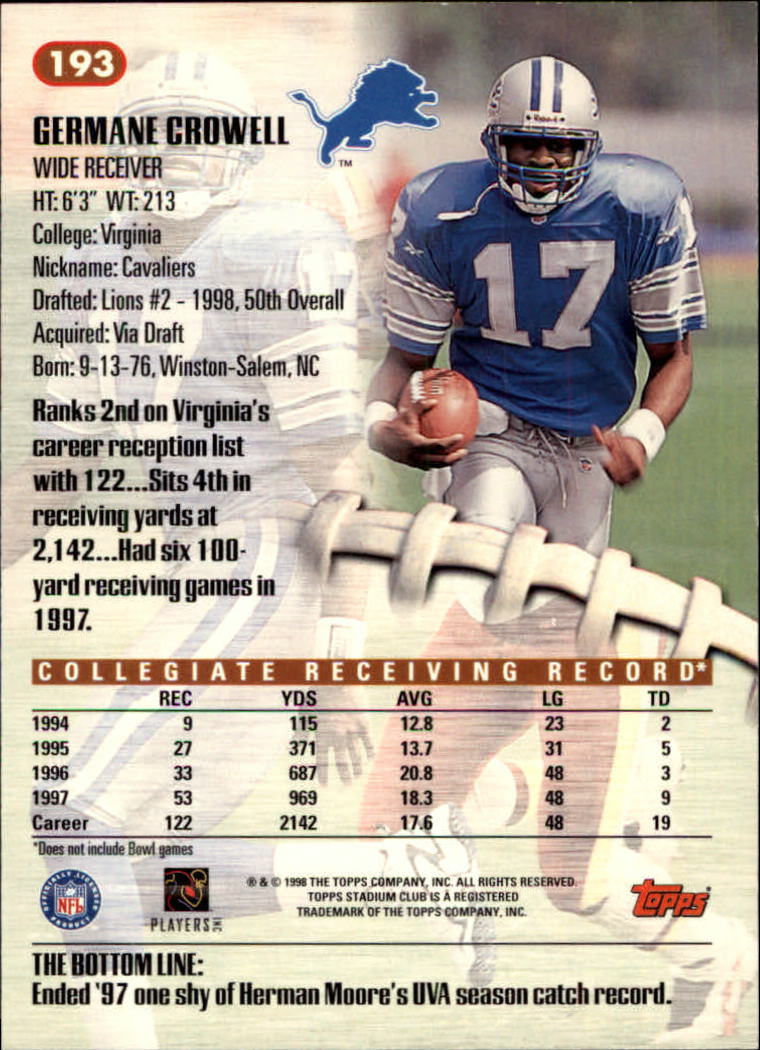 A8174- 1998 Stadium Club FB #s 1-195 +Inserts +CL -You Pick- 15+ FREE US SHIP - Picture 189 of 208