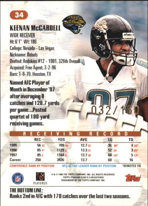 1998 Stadium Club One of a Kind #34 Keenan McCardell back image