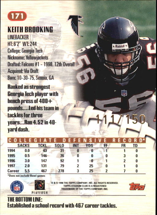 1998 Stadium Club One of a Kind #171 Keith Brooking back image