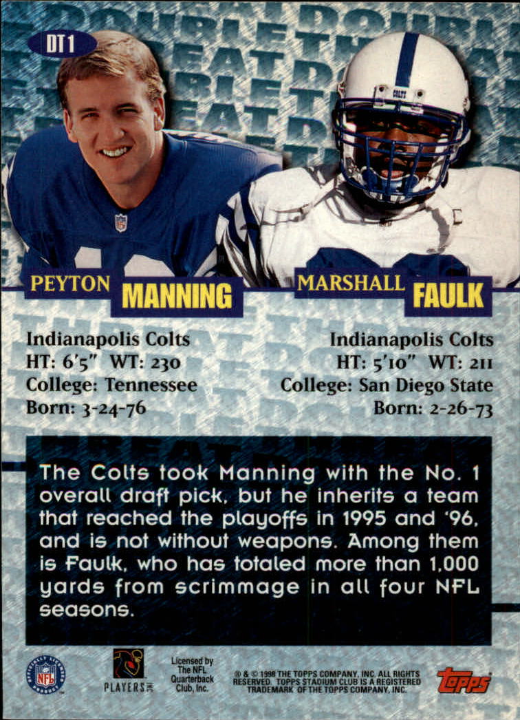 1998 Stadium Club Double Threat #DT1 M.Faulk/P.Manning back image