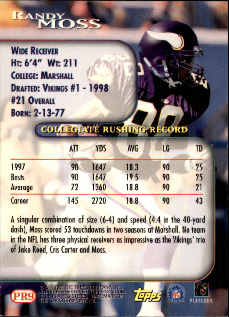 1998 Stadium Club Prime Rookies #PR9 Randy Moss back image