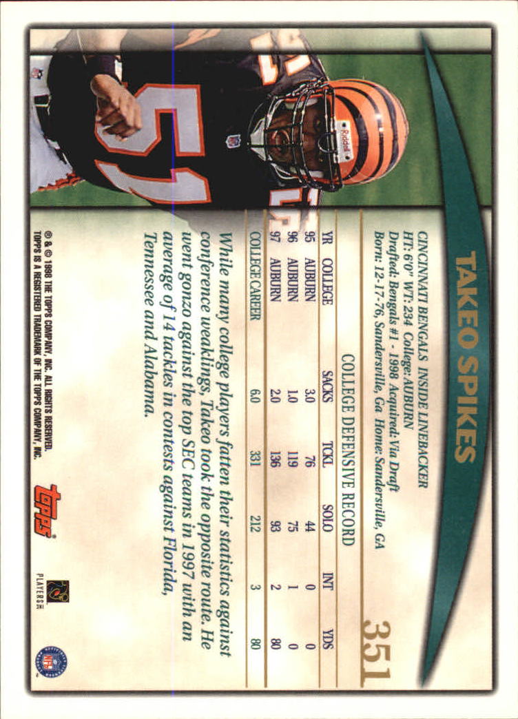 1998 Topps #351 Takeo Spikes RC back image