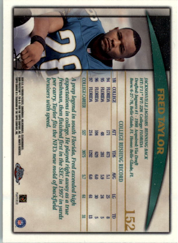 1998 Topps Chrome #152 Fred Taylor RC back image
