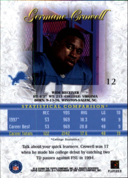 1998 Topps Gold Label Class 1 #12 Germane Crowell RC back image