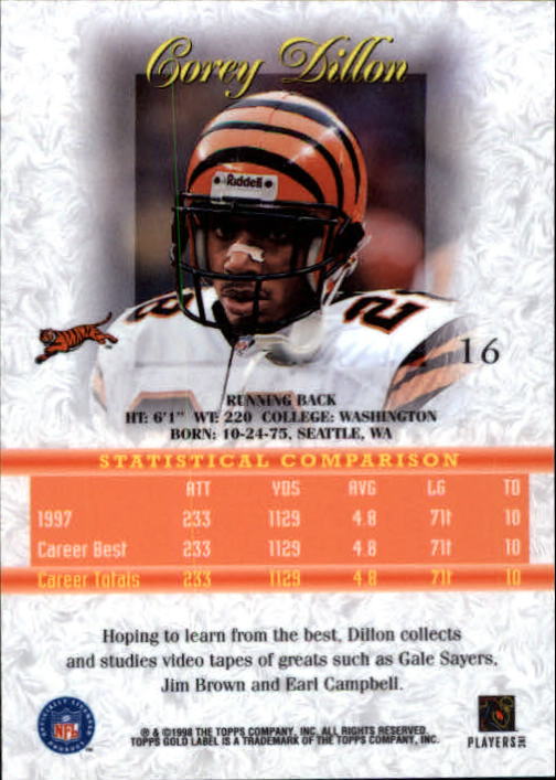 1998 Topps Gold Label Class 1 #16 Corey Dillon back image