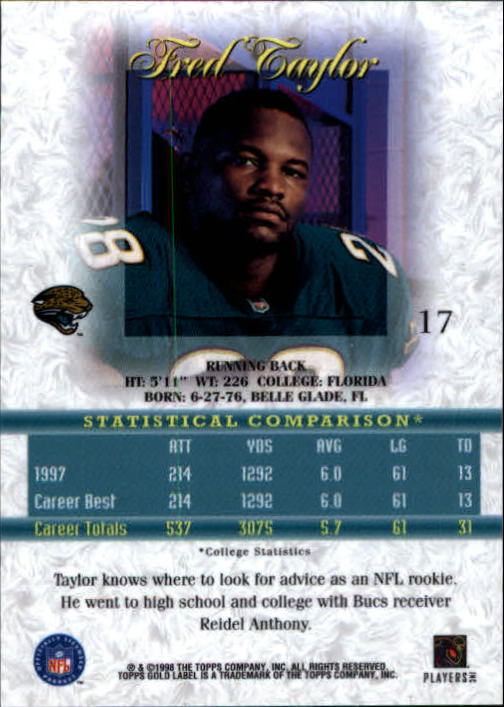 1998 Topps Gold Label Class 1 #17 Fred Taylor RC back image