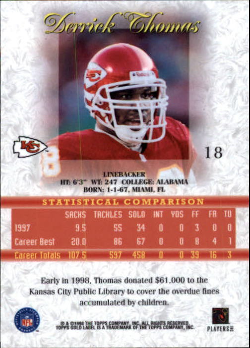 1998 Topps Gold Label Class 1 #18 Derrick Thomas back image