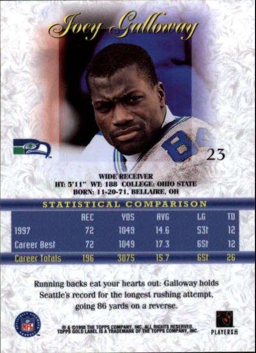 1998 Topps Gold Label Class 1 #23 Joey Galloway back image