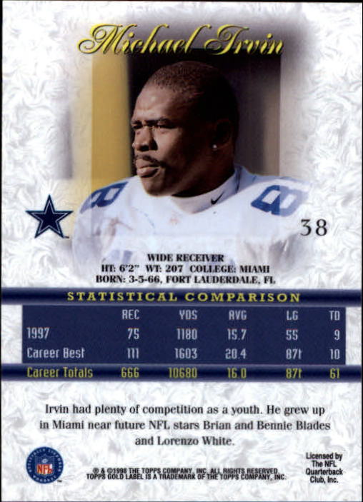1998 Topps Gold Label Class 1 #38 Michael Irvin back image