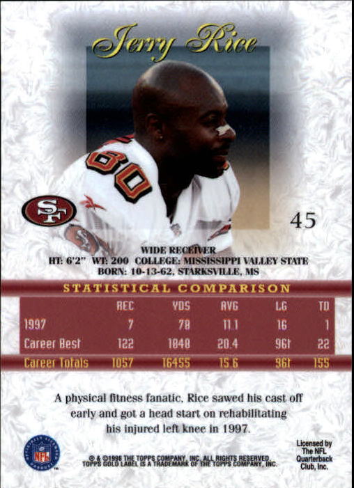1998 Topps Gold Label Class 1 #45 Jerry Rice back image