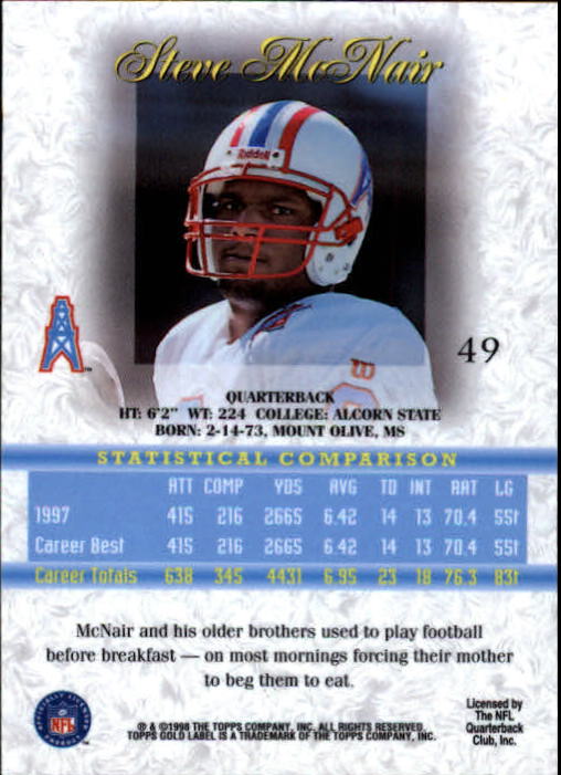 1998 Topps Gold Label Class 1 #49 Steve McNair back image