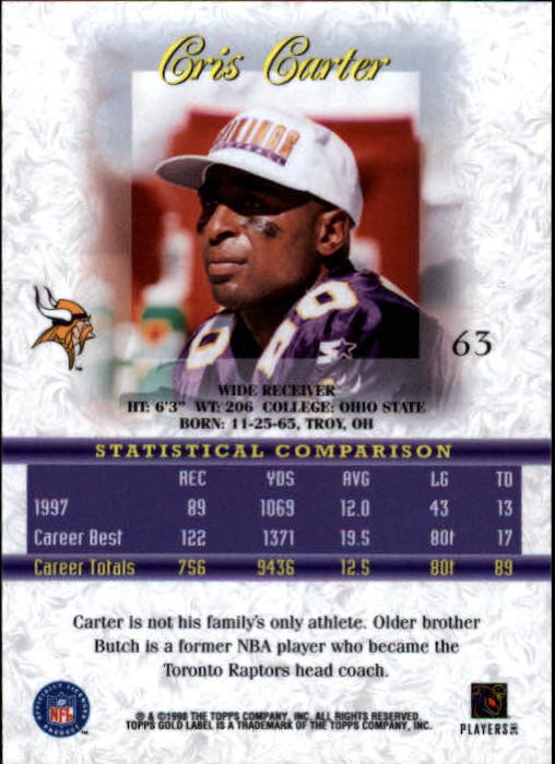1998 Topps Gold Label Class 1 #63 Cris Carter back image