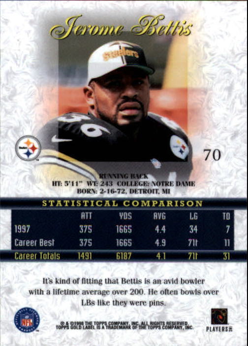 1998 Topps Gold Label Class 1 #70 Jerome Bettis back image