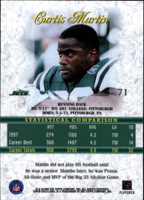 1998 Topps Gold Label Class 1 #71 Curtis Martin back image